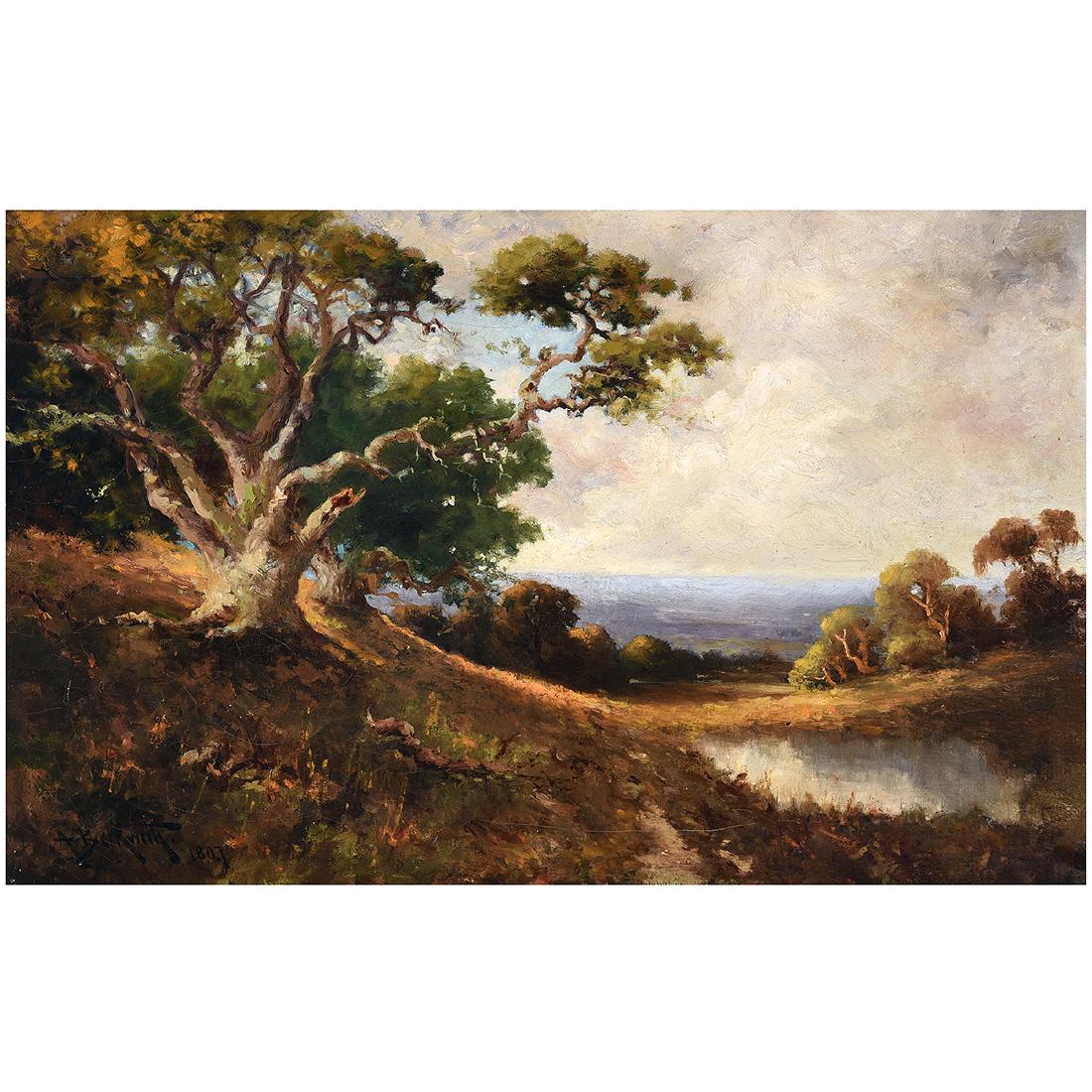 Arthur Beckwith "California Landscape" oil on canvas: Attributed to ARTHUR BECKWITH (American 1860-1930) "California Landscape in Springtime" Oil on canvas. 16 5/8 x 26 1/4 inches; Frame: 22 1/4 x 31 3/4 inches. Bears signature and date lower left: A. Be