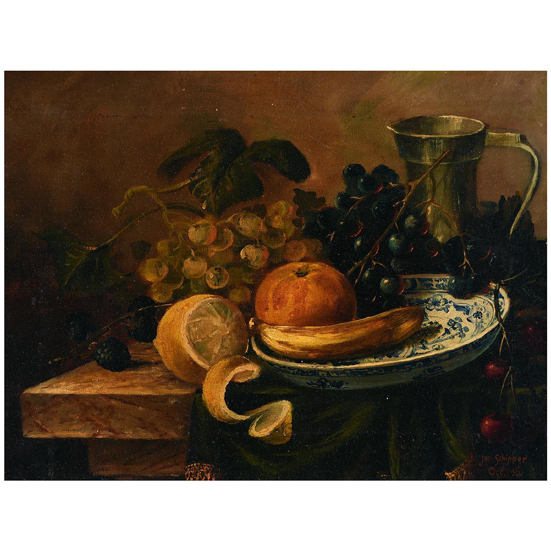 Jan Schipper "Still Life with Lemons" oil on canvas: JAN SCHIPPER (Dutch 1899-1961) "Still Life" Oil on canvas. 12 x 16 inches; Frame: 16 7/8 x 21 inches. Signed and dated lower right: Jac. Schipper Oct. 16'. CONDITION: In overall good condition. The ca