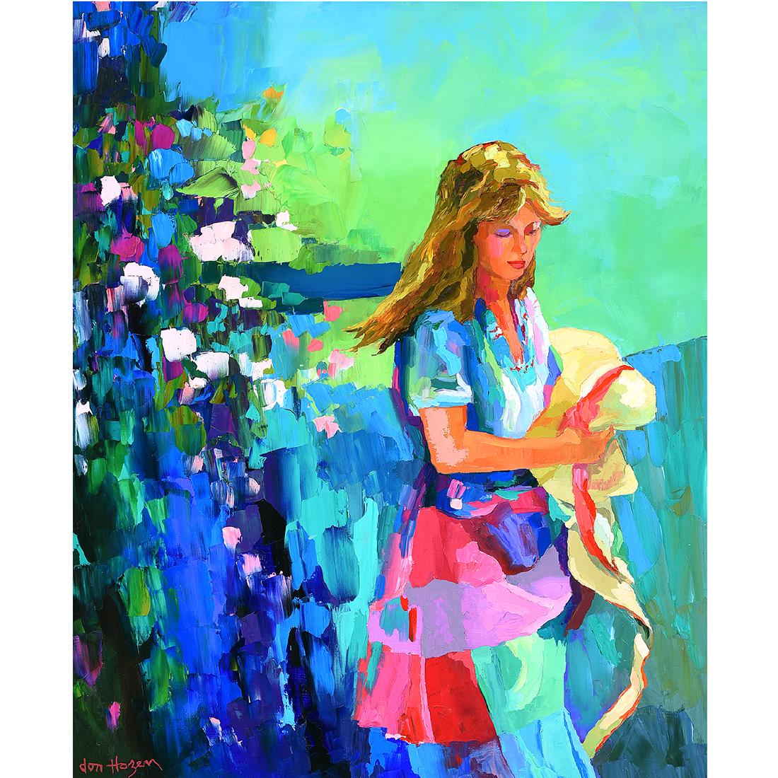 Don Hazen "Girl with Hat" oil on canvas: DON HAZEN (American b. 1933) "Woman with a Hat" Oil on canvas. 40 x 31 1/2 inches; Frame: 45 x 37 3/4 inches. Signed lower left: Don Hazen. Dedicated by the artist verso upper stretcher bar: To: Dr &