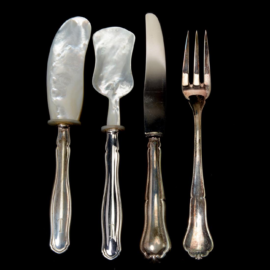 800 Silver Dessert Set w/ MOP & 800 Silver Caviar &: 800 Silver Dessert Set, w/ MOP & 800 Silver Caviar & Pate Set. Case with twelve sterling handled dessert knives with twelve dessert forks. Together with case with twelve sterling handles pate knives w