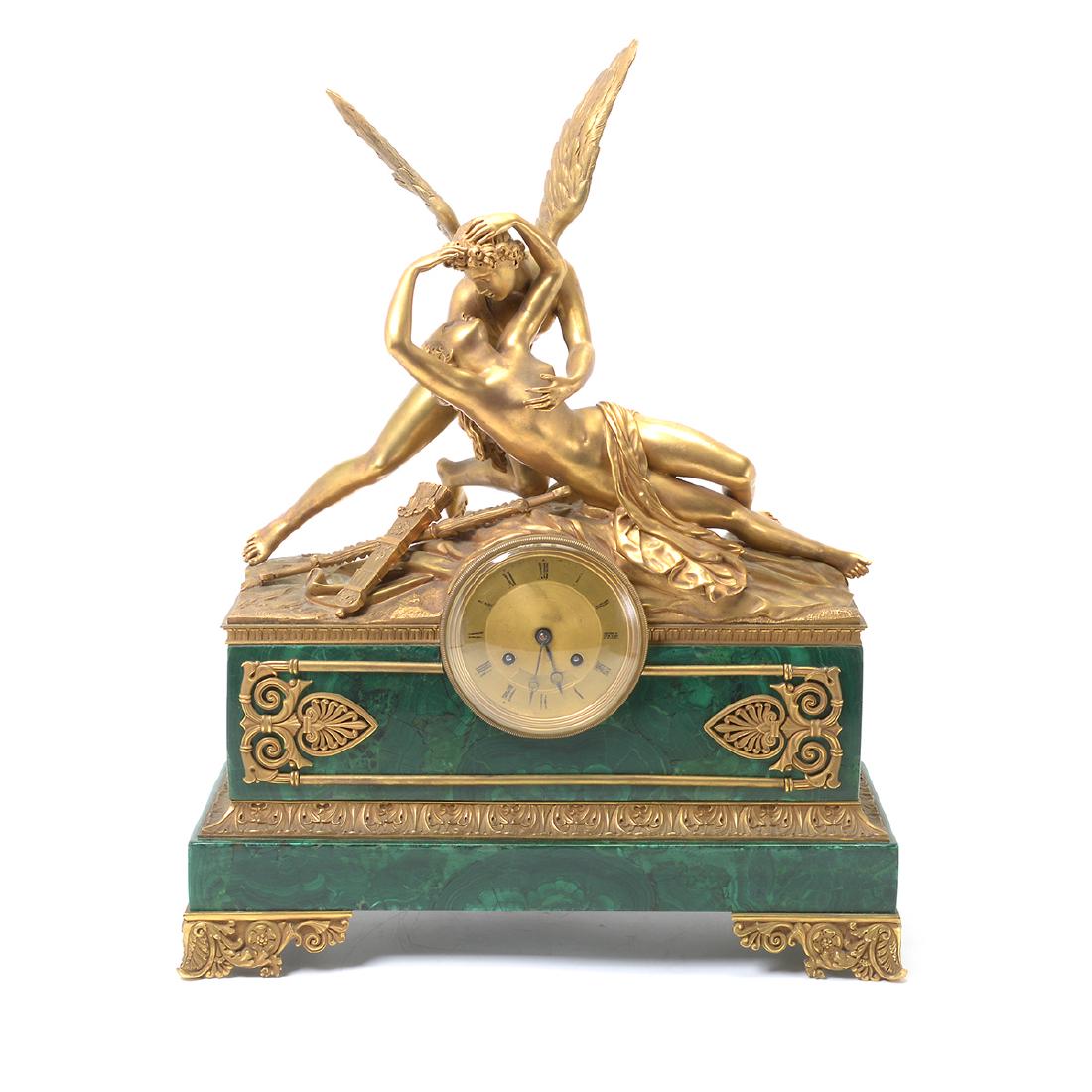 Empire Style Gilt Bronze and Malachite Mantle Clock (1 of 7)