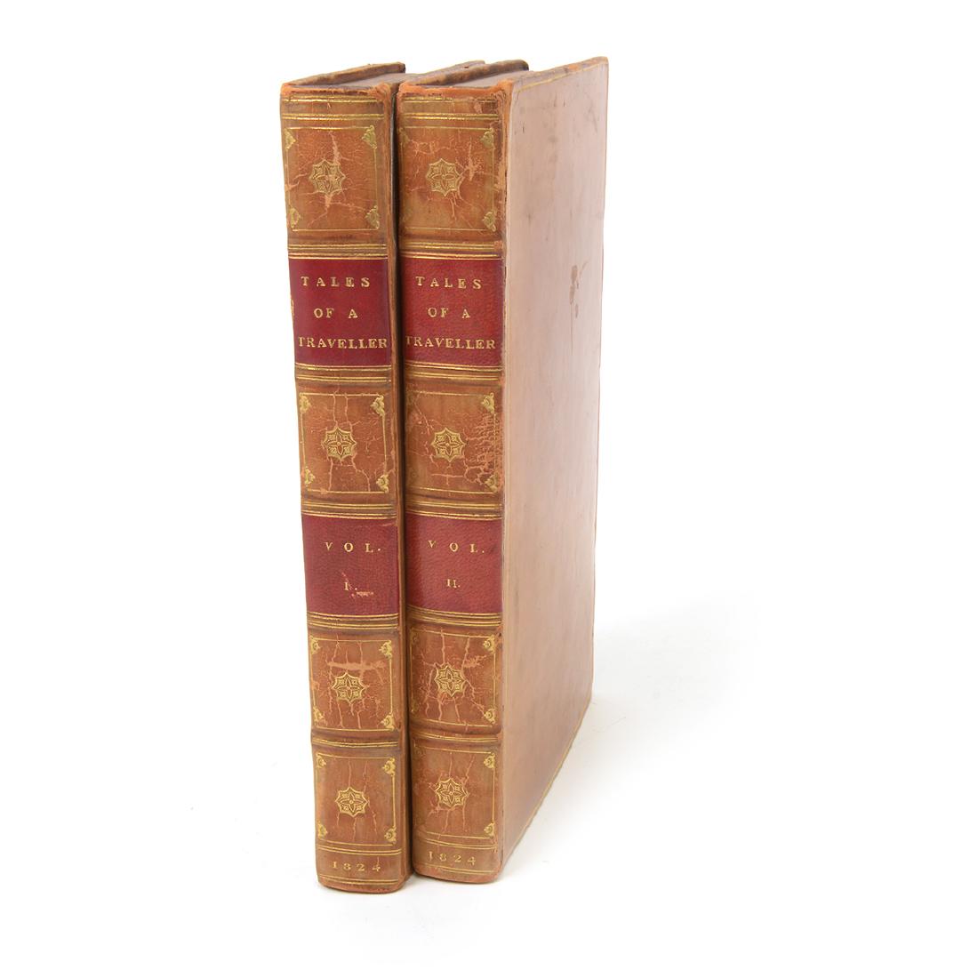 Tales of a Traveler, Two Vols., Geoffrey Crayon, 1824: Geoffrey Crayon. "Tales of a Traveler" In Two Volumes. John Murray, London, Albemarle-Street. 1824. (Two 8 1/2 x 5 1/2 x 1 inch volumes with tan leather bindings.) (Wear to bindings.)