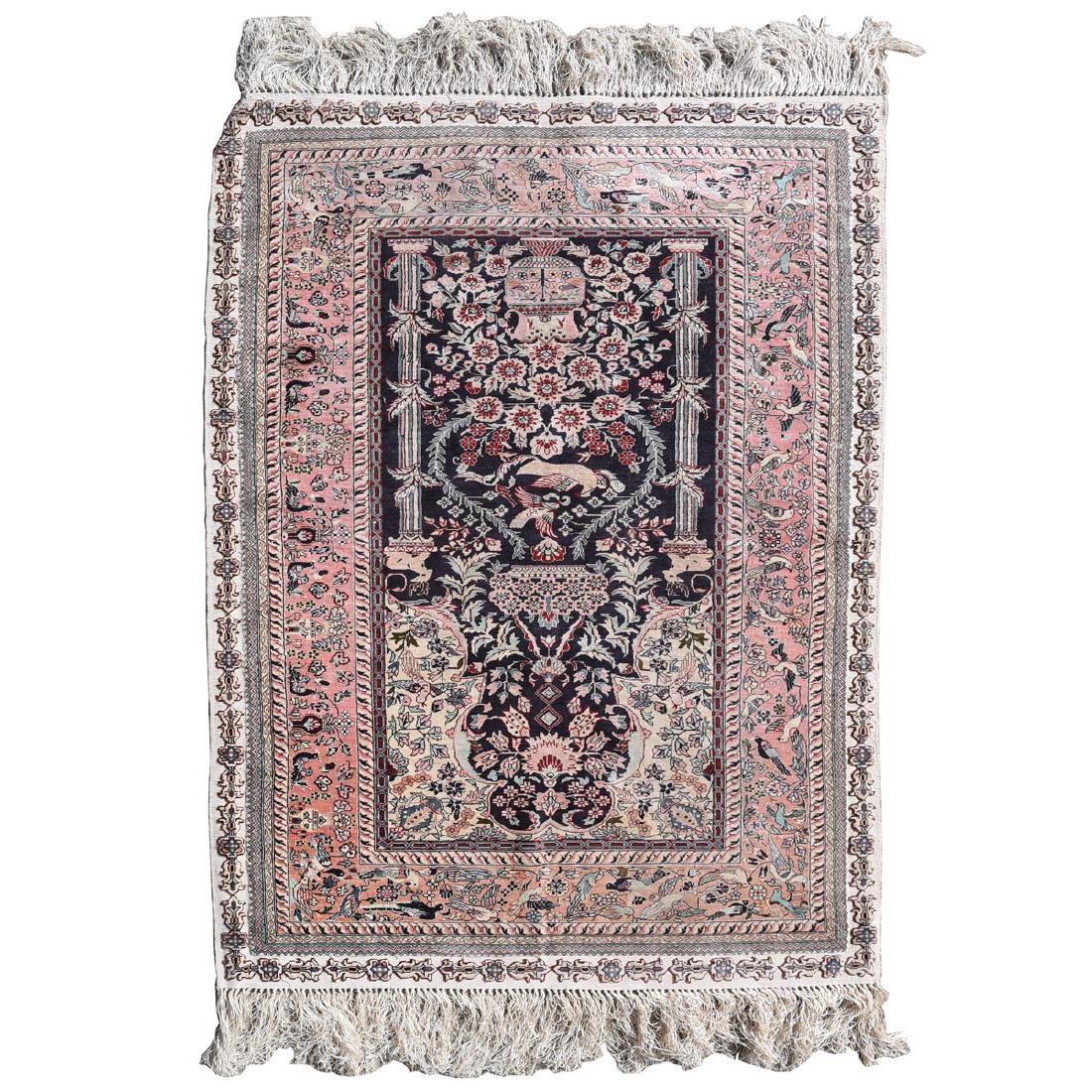 Indian Silk Rug, with Beige Ground and Bird and Floral (1 of 4)