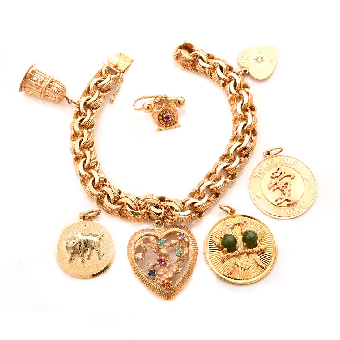 Multi-Stone, 14k Yellow Gold Charm Bracelet. (1 of 8)