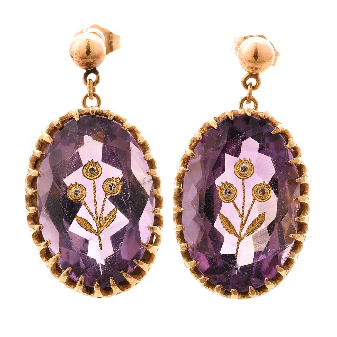 Pair of Amethyst, Diamond, 14k Yellow Gold Earrings. (1 of 4)