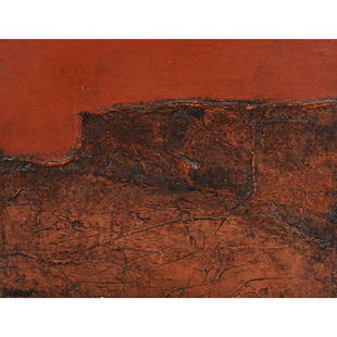 Louis Siegriest "Desert Cliff" mixed media on panel: LOUIS SIEGRIEST (American 1899-1989) "Desert Cliff" Mixed media on panel. 10 1/2 x 13 1/2 inches. Signed and titled verso: Siegriest / Desert Cliff. (Please contact Fine Art Dept. for full condition r