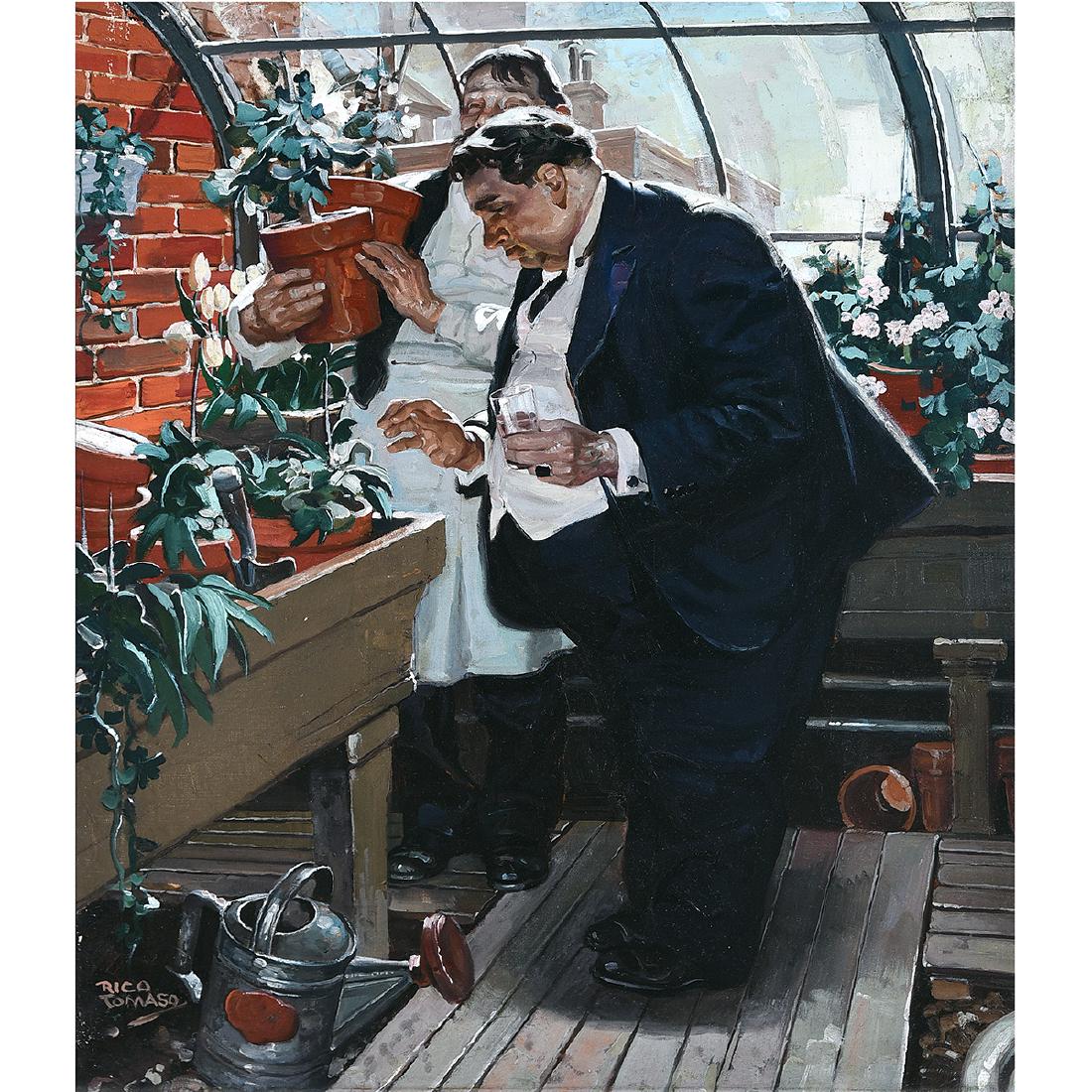 Rico Tomaso "Greenhouse" oil on canvas: RICO TOMASO (American 1898-1985) "Greenhouse" Oil on canvas. 33 1/4 x 28 1/4 inches; Frame: 41 3/4 x 36 5/8 inches. Signed lower left: Rico Tomaso; signed and annotated verso: Rico Tomaso Greenwich. (