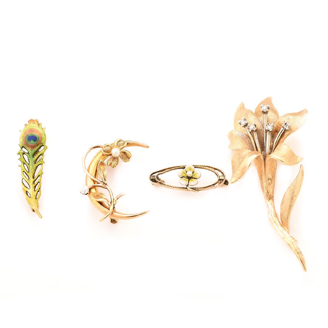 Collection of Four Diamond, Enamel, Pearl, Gold Floral (1 of 4)