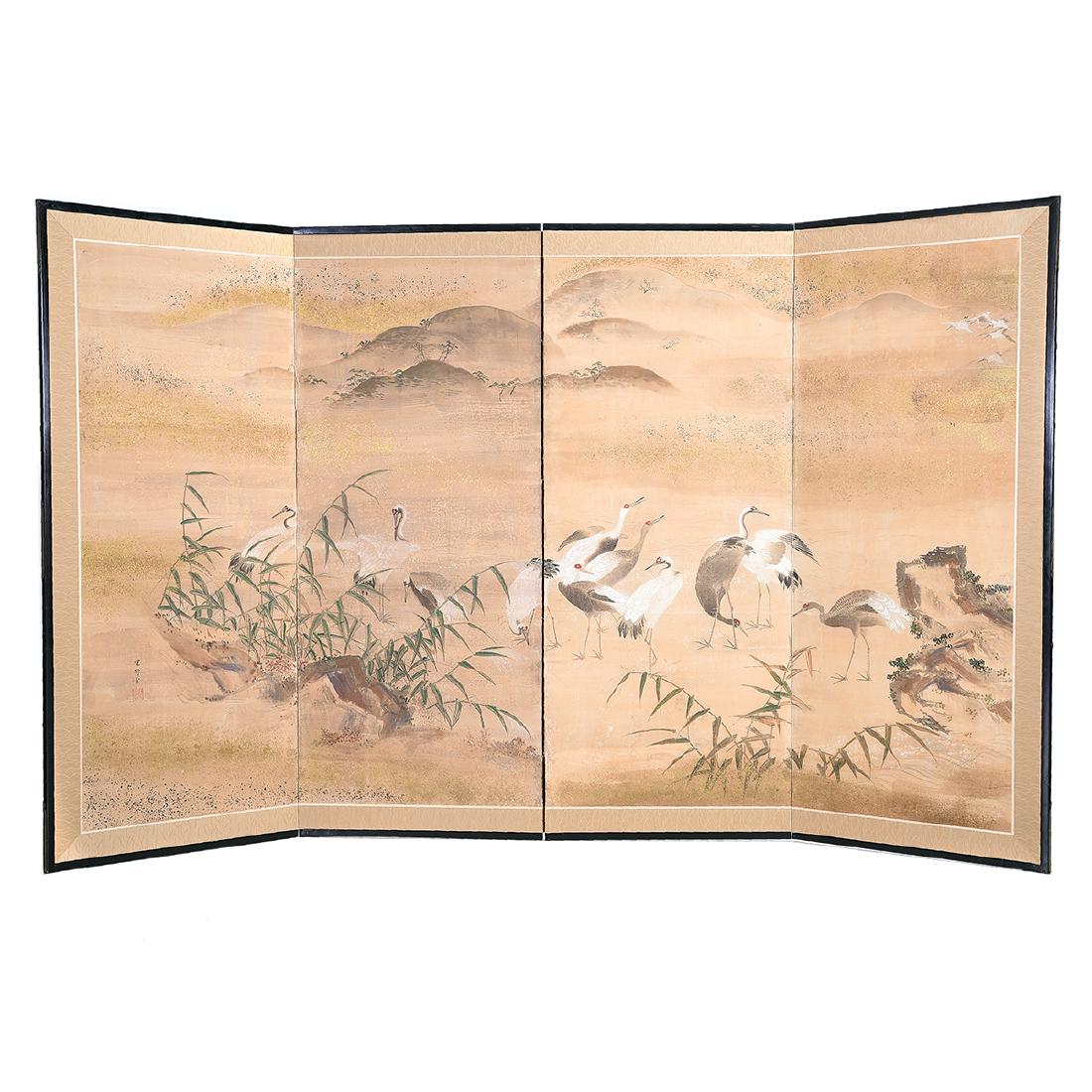 Japanese Four-Panel 'Cranes' Folding Screen, Meiji (1 of 5)