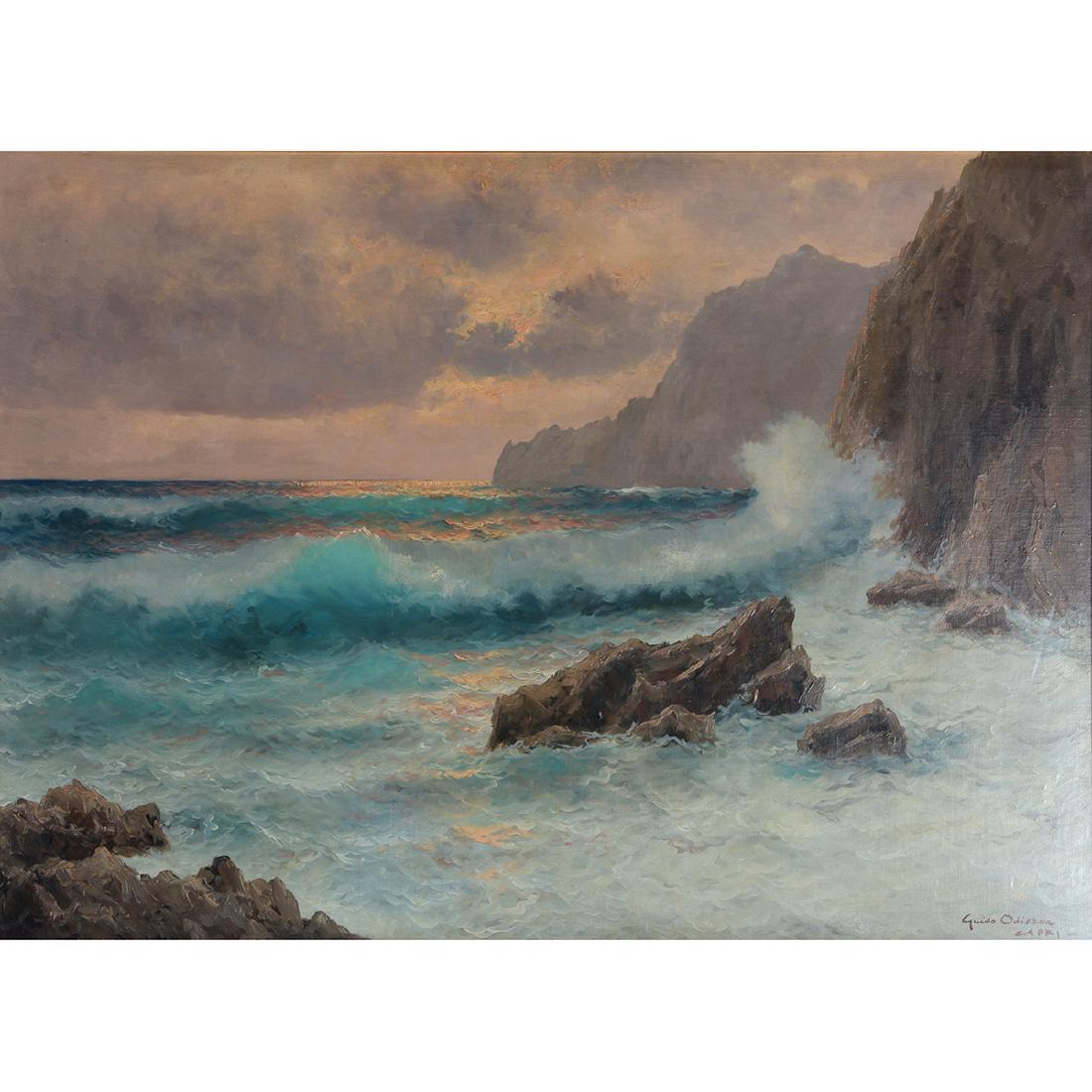 Guido Odierna "Capri" oil on masonite: GUIDO ODIERNA (Italian 1913-1991) "Capri" Oil on masonite. 38 1/2 x 53 inches; Frame: 44 x 59 inches. Signed and titled lower right: Guido Odierna / Capri. (Please contact Fine Art Dept. for full cond