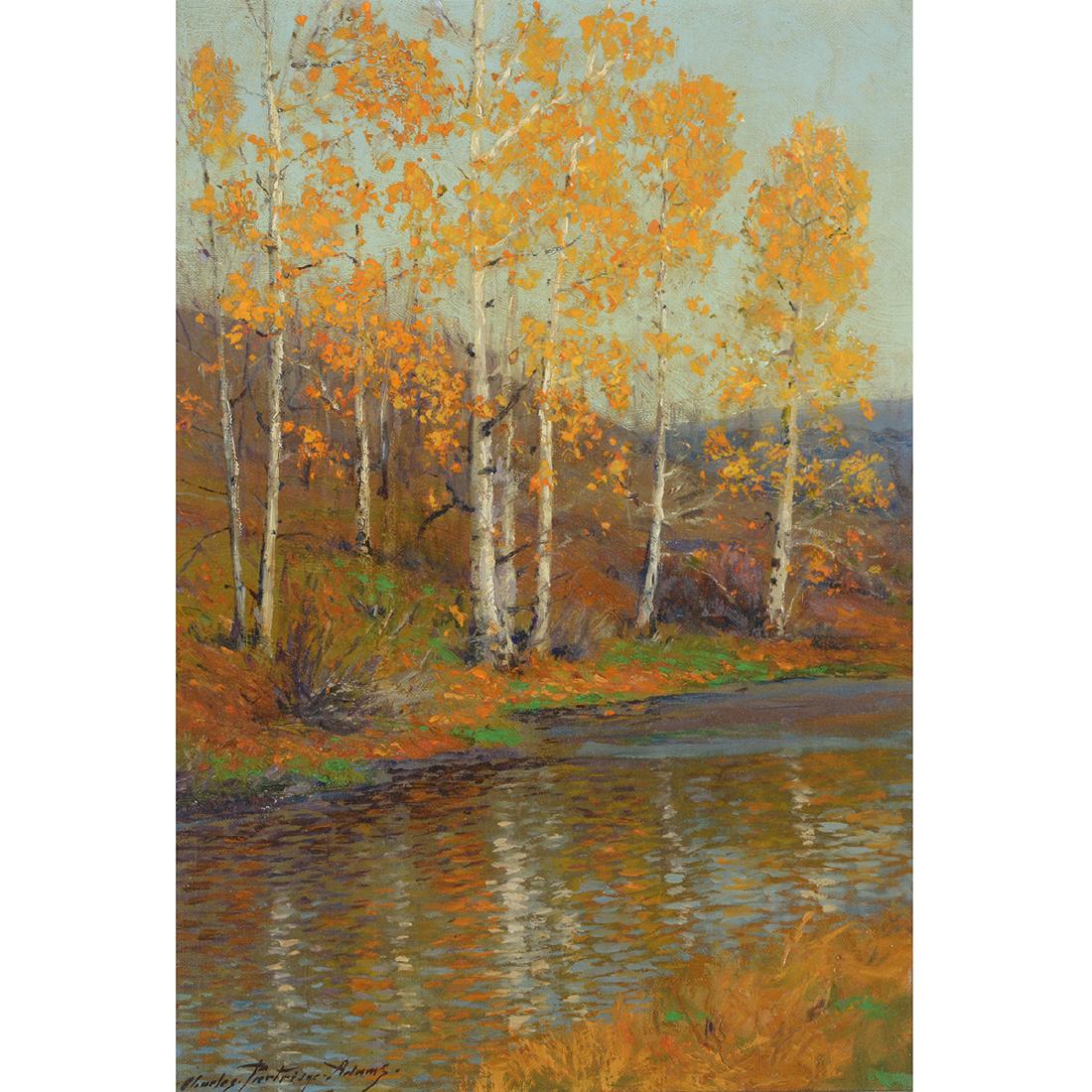 Charles Partridge Adams "Autumn Aspens" oil on canvas: CHARLES PARTRIDGE ADAMS (American 1858-1942) "Autumn Aspens" Oil on canvas. 16 x 12 inches; Frame: 22 x 18 1/8 inches. Signed lower left: Charles Partridge Adams; titled verso along the top stretcher 