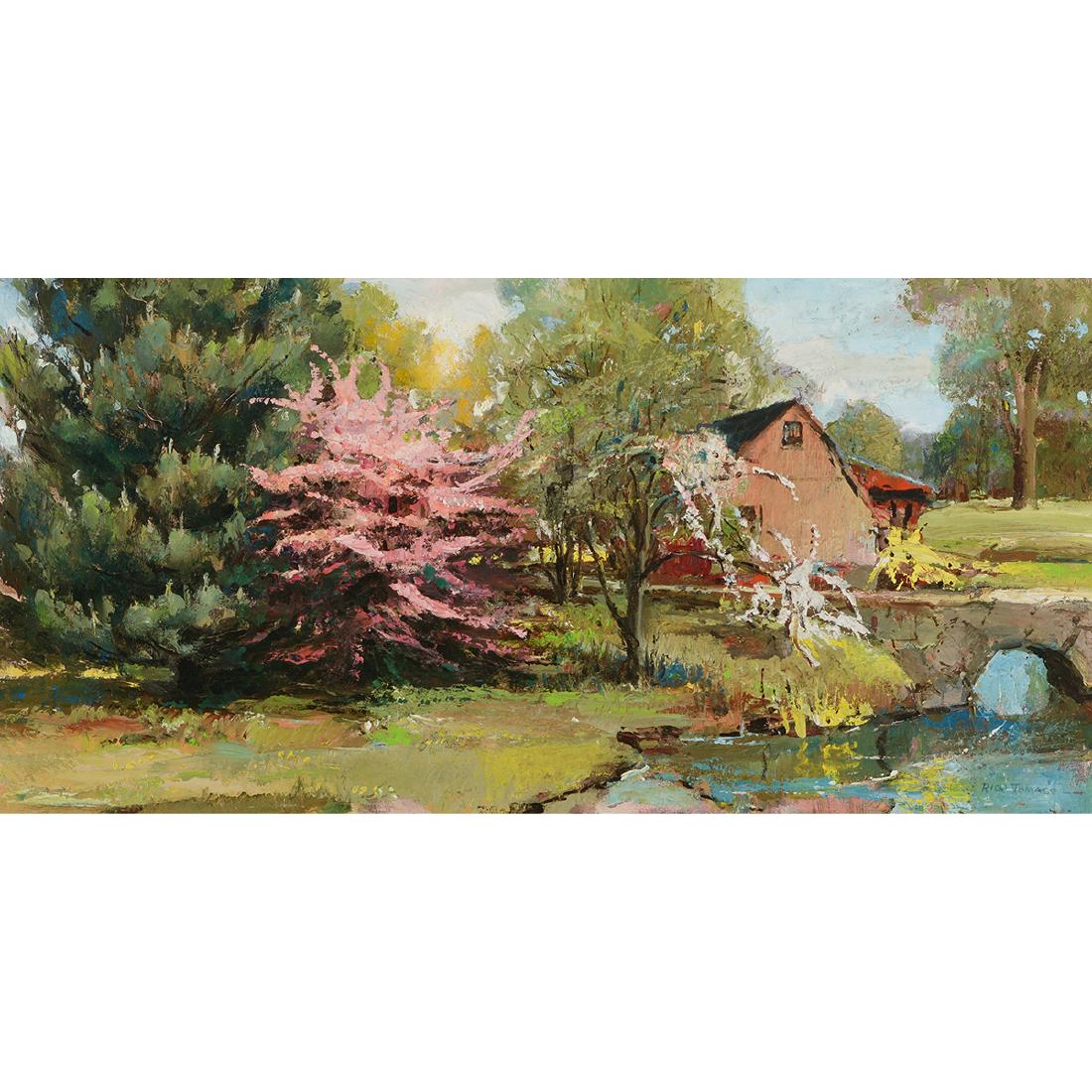 Rico Tomaso "Peaceful Home front" oil on board: RICO TOMASO (American 1898-1985) "Peaceful Home front" Oil on board. 18 3/4 x 38 inches; Frame: 25 3/4 x 45 inches. Signed lower right: Rico Tomaso; signed verso: Rico Tomaso / Greenwich, Conn. (Pleas