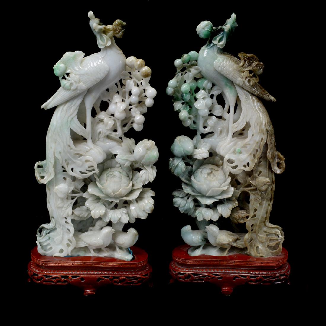 Mirrored Pair of Jadeite Phoenix Carvings (1 of 10)