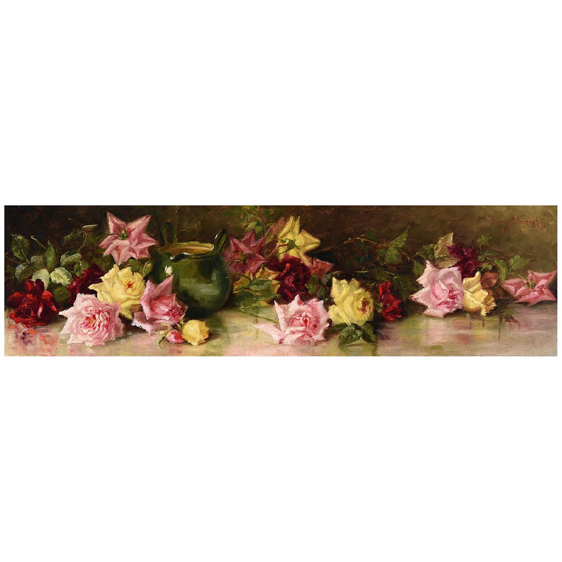 Frances Mumaugh "Still Life With Roses" oil on canvas: FRANCES MUMAUGH (American 1859-1933) "Still Life with Roses" Oil on canvas. 12 1/4 x 45 1/2 inches; Frame: 23 5/8 x 56 3/8 inches. Signed and dated upper right corner: Frances Mumaugh '97. Was not exa