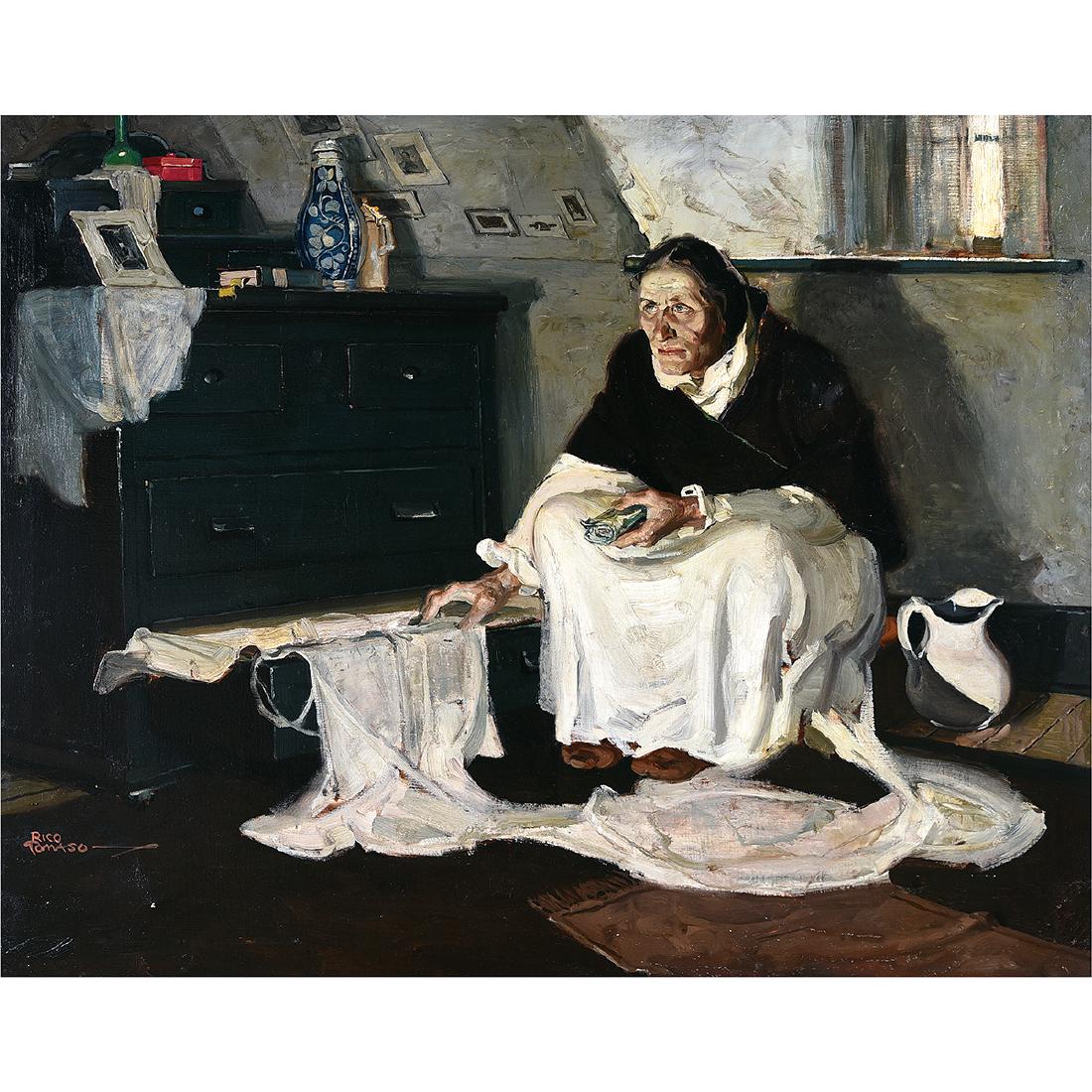 Rico Tomaso "Haunted" oil on canvas: RICO TOMASO (American 1898-1985) "Haunted" Oil on canvas. 32 x 40 inches; Frame: 39 3/8 x 47 3/8 inches. Signed lower left: Rico Tomaso; signed twice verso: Rico Tomaso. CONDITION: In overall good con