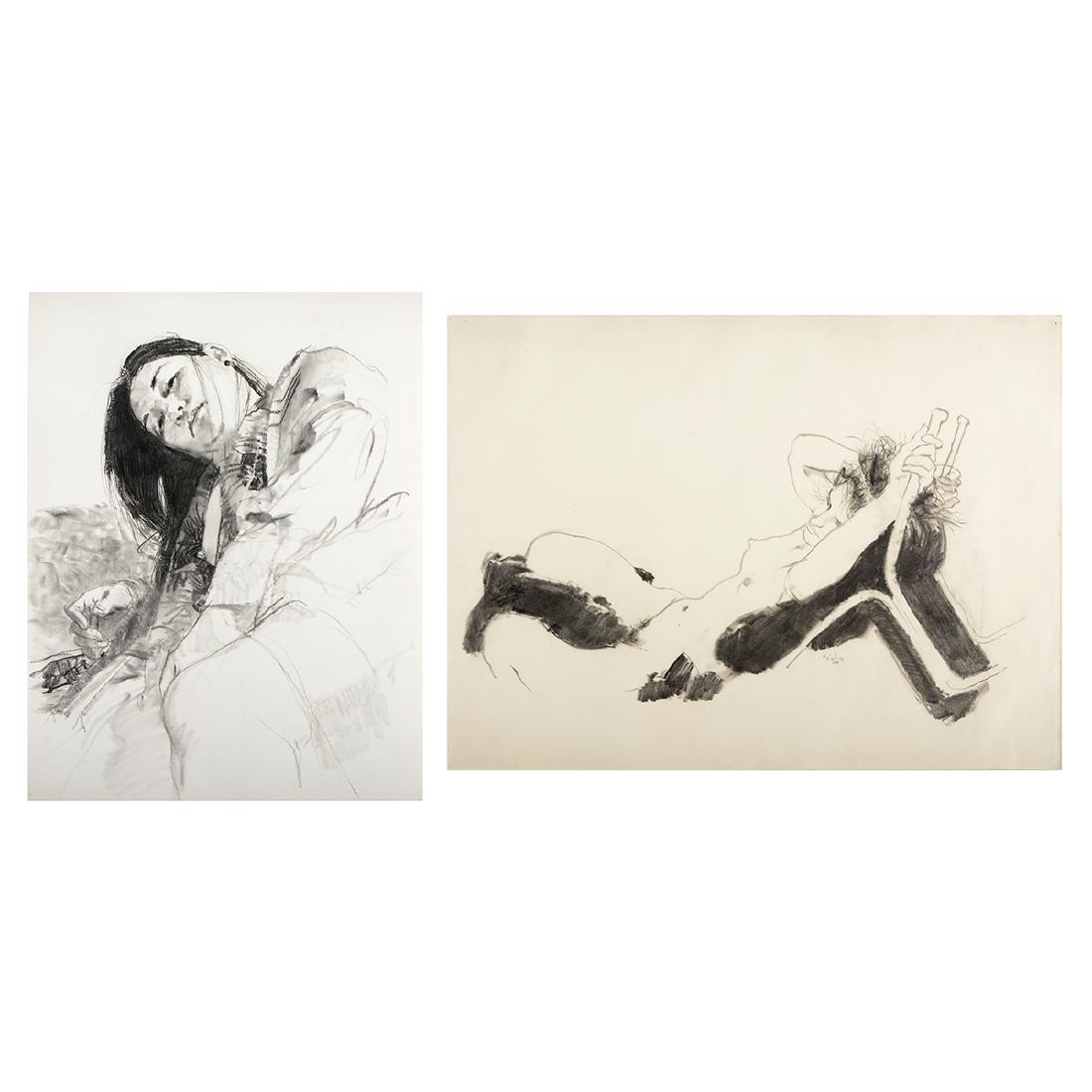 Jerald Silva 2 "Female figures" graphite and wash: JERALD SILVA (American b. 1936) "Reclining Nude" and "Female Figure" Graphite on rives paper. Graphite and wash on paper. Sheet: 19 x 25 7/8 inches; Frame: 24 x 31 inches. Sheet: 25 5/8 x 19 5/8 inche