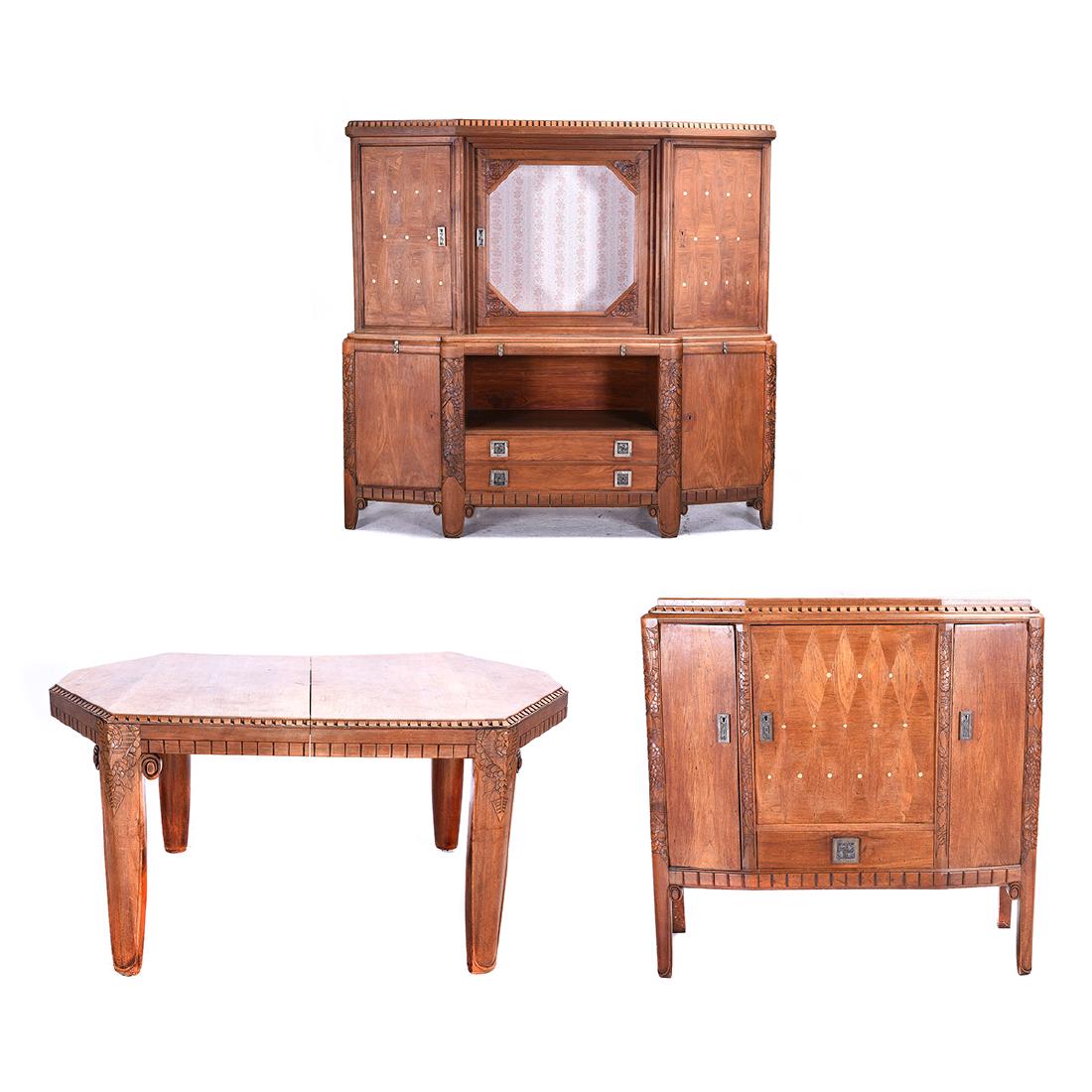 French Art Deco Shell Inlaid Walnut Dining Suite: French Art Deco Shell Inlaid Walnut Dining Suite,. Comprising an Extension Dining Table, Buffet a Deux Corps, and a Cabinet. 1st Quarter 20th Century {Buffet dimensions 46 3/4 x 47 1/4 x 20 inches} {D