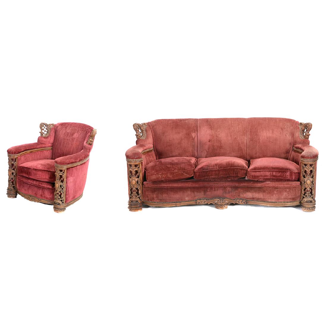 Suite of Italian Renaissance Style Seating Furniture: Suite of Italian Renaissance Style Seating Furniture. Comprising Walnut and Velvet Upholstered Sofa and Armchair. Early 20th Century. {Sofa dimensions approximately 32 1/2 x 77 x 38 inches} {Armchair