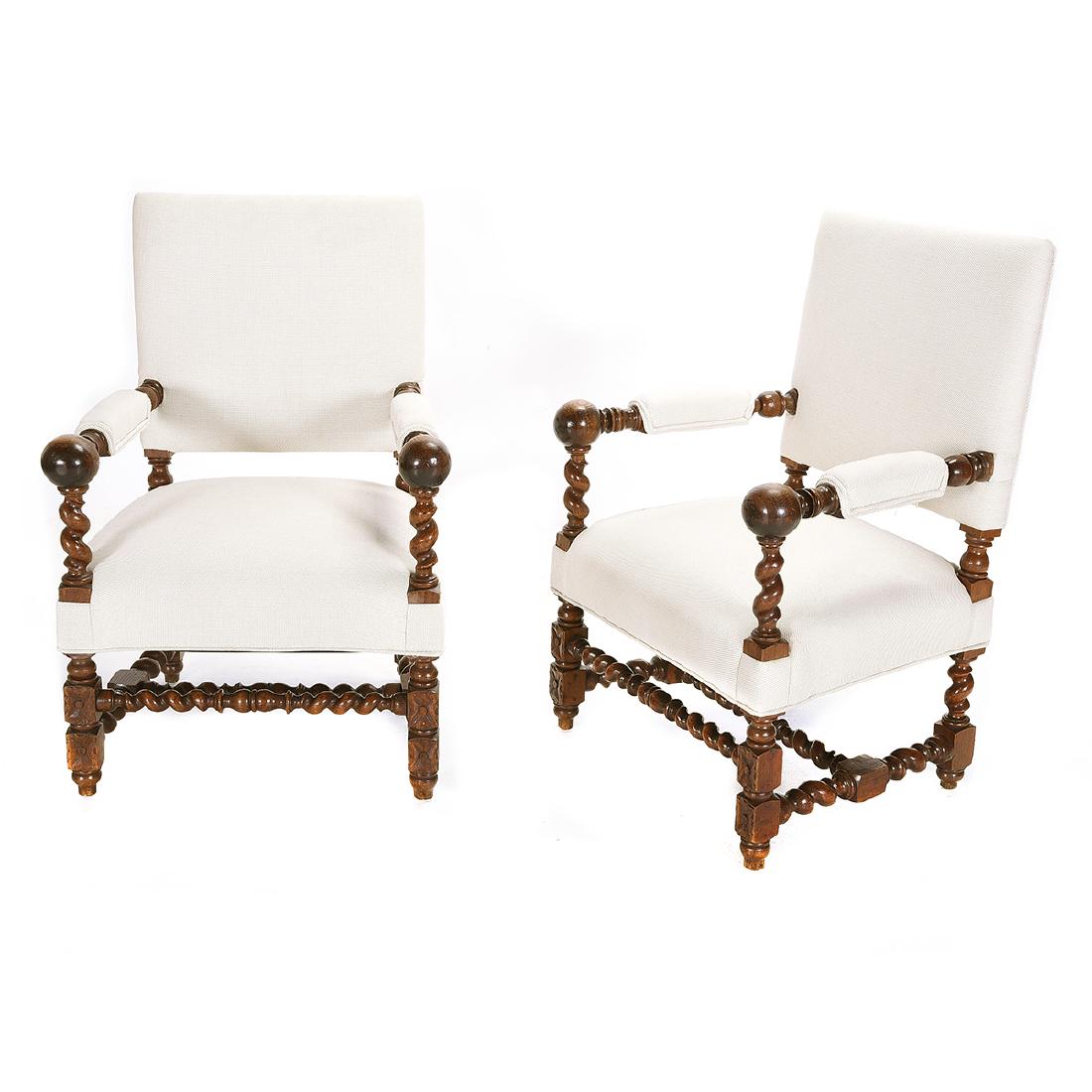 Pair of Louis XIV Style Walnut Upholstered Armchairs (1 of 5)