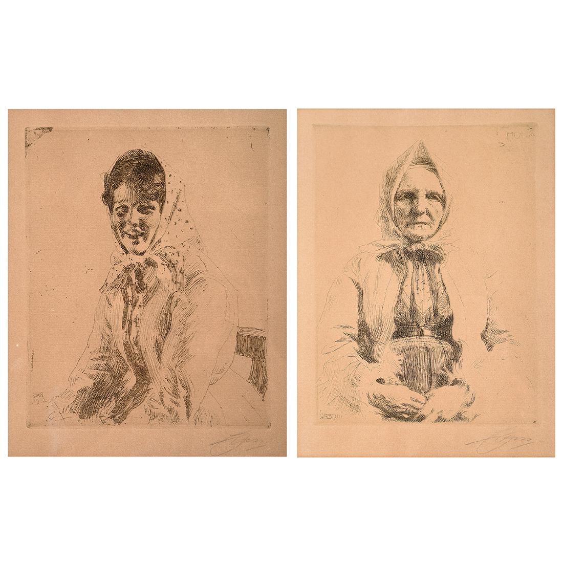 Anders Zorn "Mona" and "Okerri Kulla" etching: ANDERS ZORN (Swedish 1860-1920) "Mona" and "Okerri Kulla" Etching. Sight: 11 1/4 x 8 1/4 inches; Frame: 20 7/8 x 16 7/8 inches. Sight: 11 3/8 x 9 1/8 inches; Frame: 20 7/8 x 16 7/8 inches. Signed in p