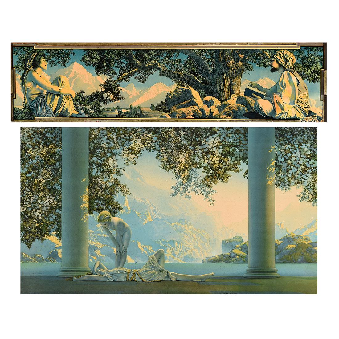 After Maxfield Parrish "Rubaiyat" and "Daybreak": After MAXFIELD PARRISH (American 1870-1966) "Rubaiyat" and "Daybreak" Vintage offset lithograph print. Including frame: 10 x 32 inches. Sight: 17 3/8 x 29 1/2 inches; Frame: 21 3/8 x 33 1/2 inches. An