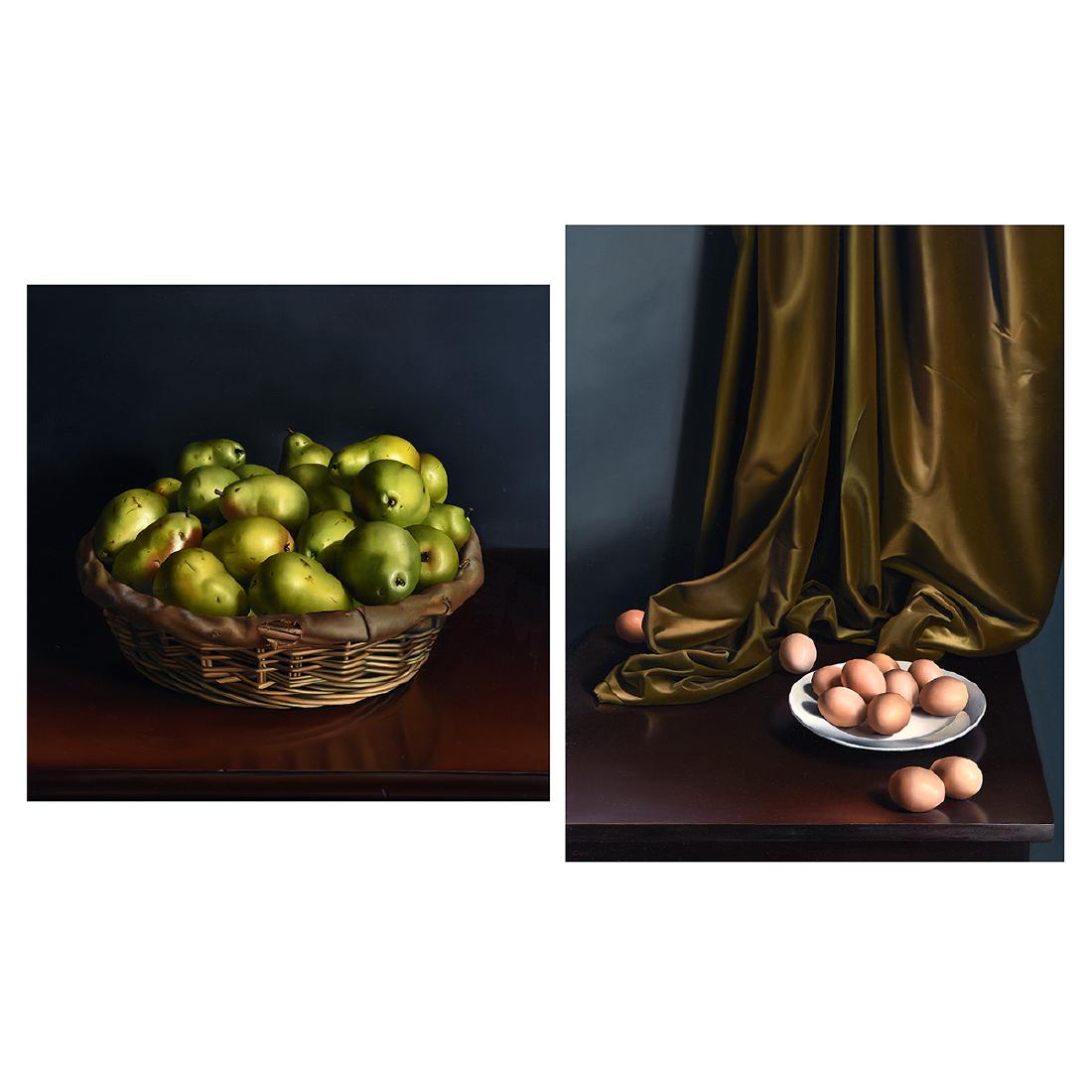 Jeanne Duval "Basket of Pears" and "Drapes and Eggs": JEANNE DUVAL (American b. 1956) "Basket of Pears" and "Eggs and Drapes" Oil on canvas. 20 x 20 inches; Frame: 24 1/2 x 24 1/2 inches. 25 1/2 x 20 inches; Frame: 30 1/4 x 24 1/2 inches. Both are signed