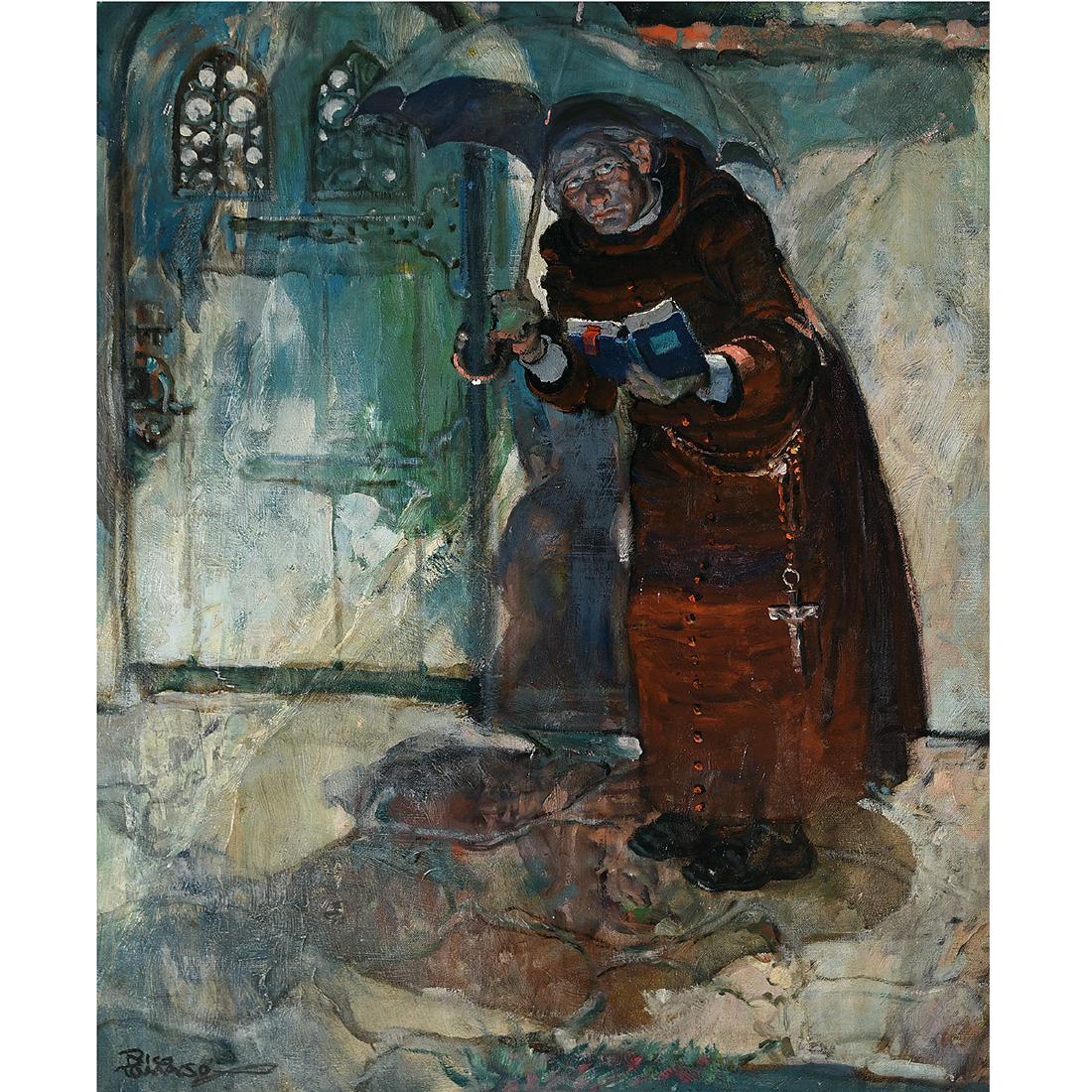 Rico Tomaso "The Friar" oil on canvas: RICO TOMASO (American 1898-1985) "The Friar" Oil on canvas. 32 x 26 1/8 inches; Frame: 40 5/8 x 34 5/8 inches. Signed lower left: Rico Tomaso; signed verso Rico Tomaso / Greenwich. (Please contact Fin