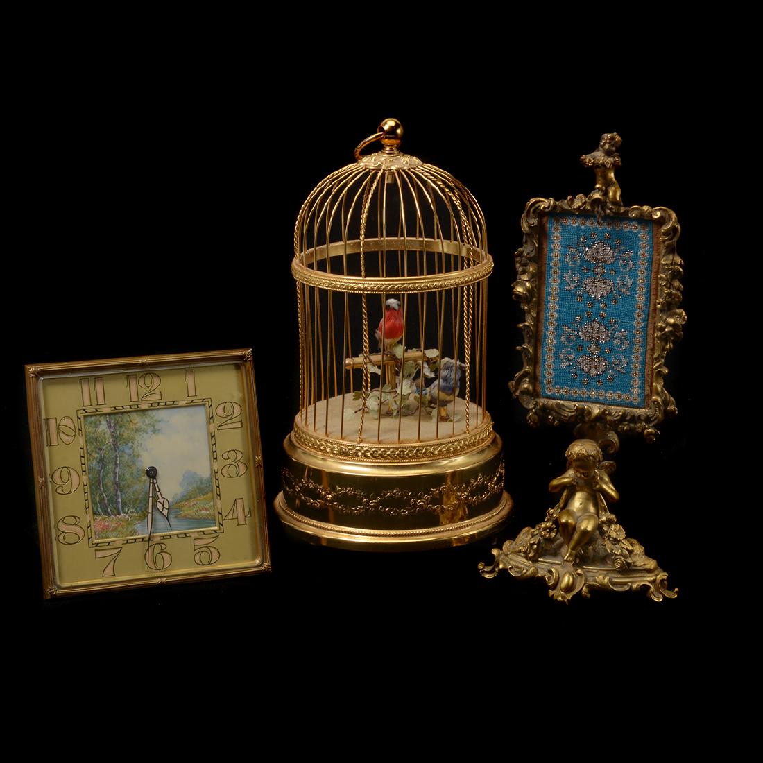 Swiss Bird Cage Music Box, Clock, Embroidery (1 of 10)