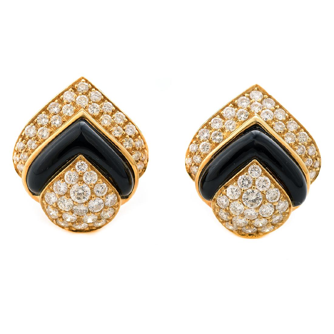 Pair of Diamond, Black Onyx, 18k Yellow Gold Ear Clips. (1 of 4)