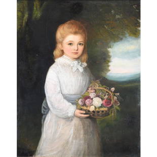 G.W. Baldry "Portrait of a Young Girl" oil on canvas: G.W. BALDRY (British c. 1884) "Portrait of a Young Girl in a Landscape" Oil on canvas. 36 x 28 3/8 inches; Frame: 45 1/2 x 37 1/8 inches. Signed lower left: G.W. Baldry. CONDITION: In overall good con