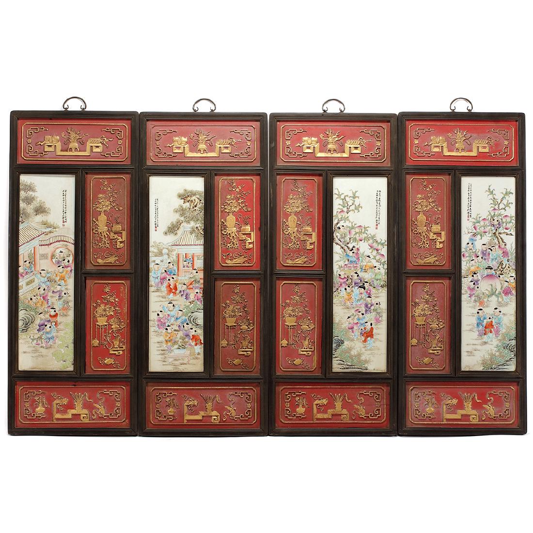 Set of Four Polychrome Porcelain Plaques with Carved (1 of 1)