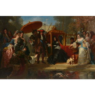 Edward Harrison May "The Arrival, Aristocratic Figures: EDWARD HARRISON MAY (English, also worked in America 1824 - 1887) The Arrival, Aristocratic figures before a reflecting pond Oil on canvas 44 x 64 1/2 inches / 111.76 x 163.83 cm Signed and dated lowe