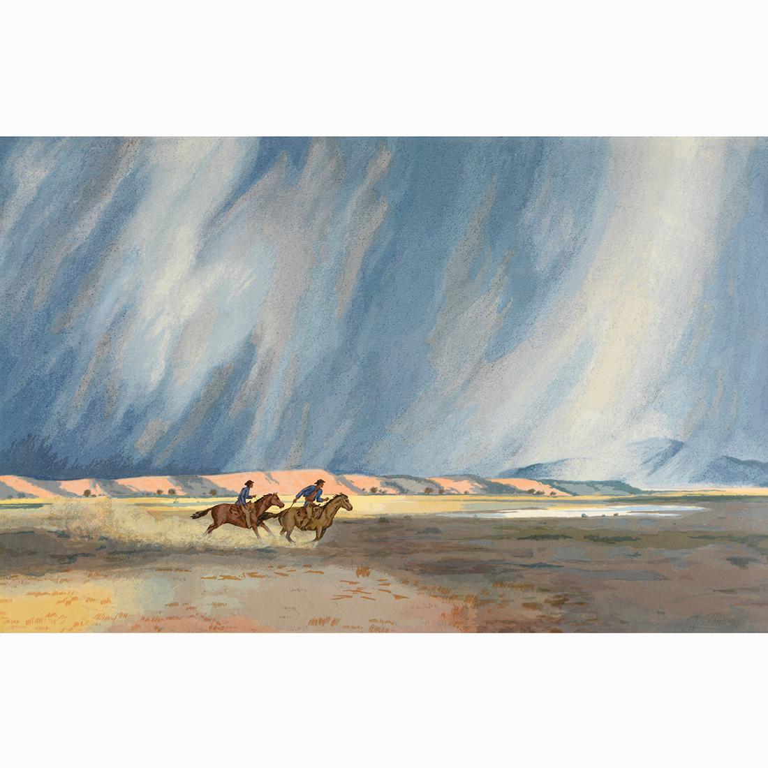 Peter Hurd "Running Before the Storm" color screenprint: PETER HURD (American 1904-1984) "Running before the Storm" Color screenprint. Sight 27 x 40 inches; Frame: 33 1/8 x 46 3/8 inches. Signed lower right: Peter Hurd; numbered lower left: 139/250. (Please