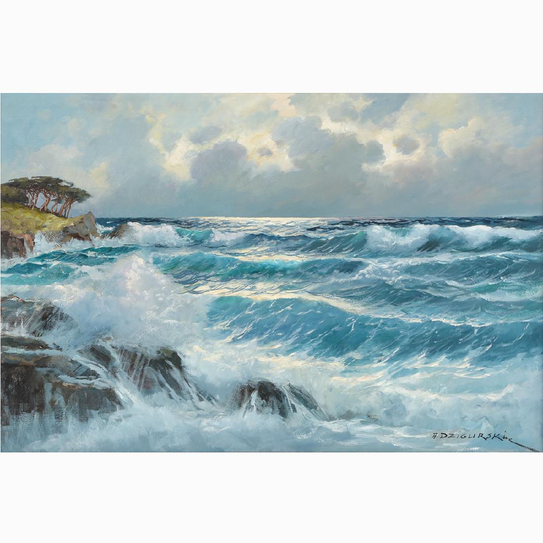 Alexander Dzigurski "Crashing Waves" oil on canvas: ALEXANDER DZIGURSKI (American 1911-1995) "Crashing Waves" Oil on canvas. 24 x 36 inches; Frame: 32 3/8 x 44 1/2 inches. Signed lower right: A. Dzigurski. (Please contact Fine Art Dept. for full condit