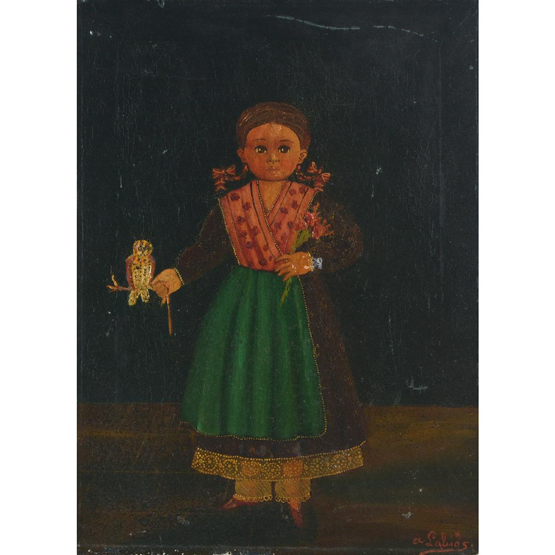 Agapito Labios "Portrait of girl with Owl" oil on: AGAPITO LABIOS (Mexican 1898-1996) "Portrait of Girl with Owl and flowers" Oil on canvas. 17 7/8 x 13 1/4 inches. Signed lower right: A. Labios. CONDITION: In overall good condition, canvas is not rel