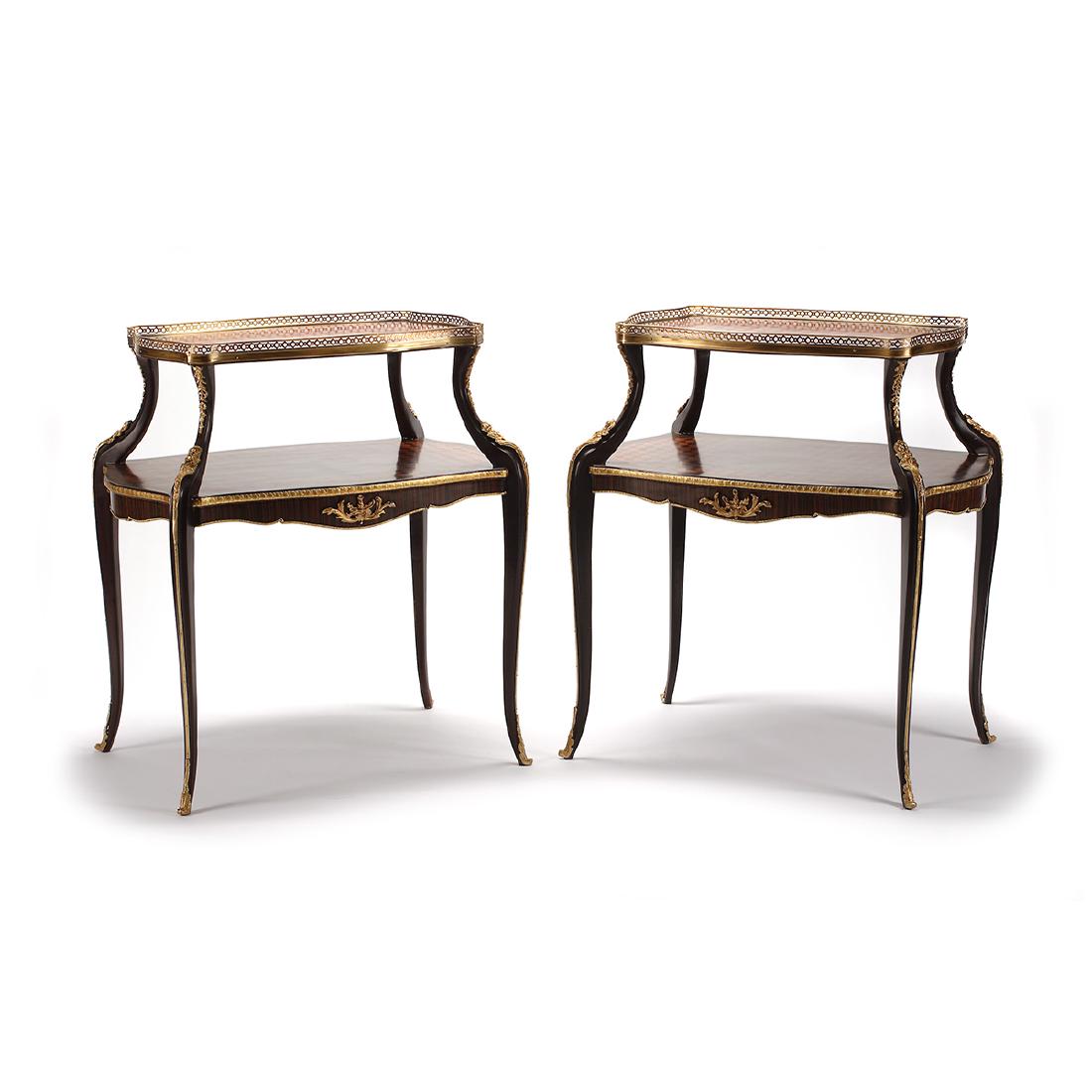Pair of French Louis XV Style Marquetry Inlaid Two Tier: Pair of French Louis XV Style Marquetry Inlaid Two Tier Tea Tables. {Approximate dimensions: 35 x 32 x 21 1/2 inches (89 x 81 x 55 cm)}.