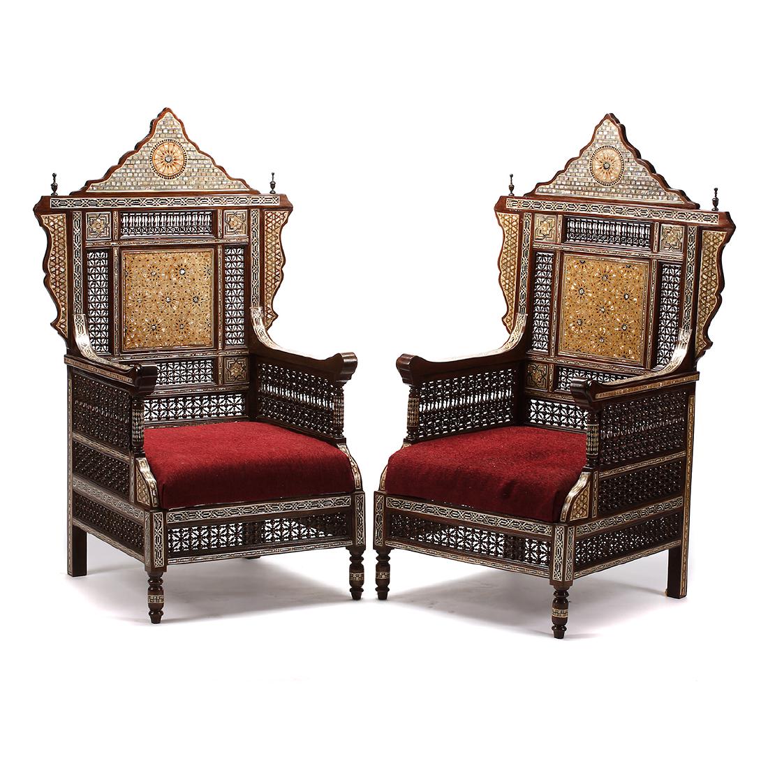 Pair of Moorish Inlaid Armchairs: Pair of Moorish Inlaid Armchairs. {Approximate dimensions: 52 x 31 1/2 x 25 inches (132 x 80 x 64 cm)}.