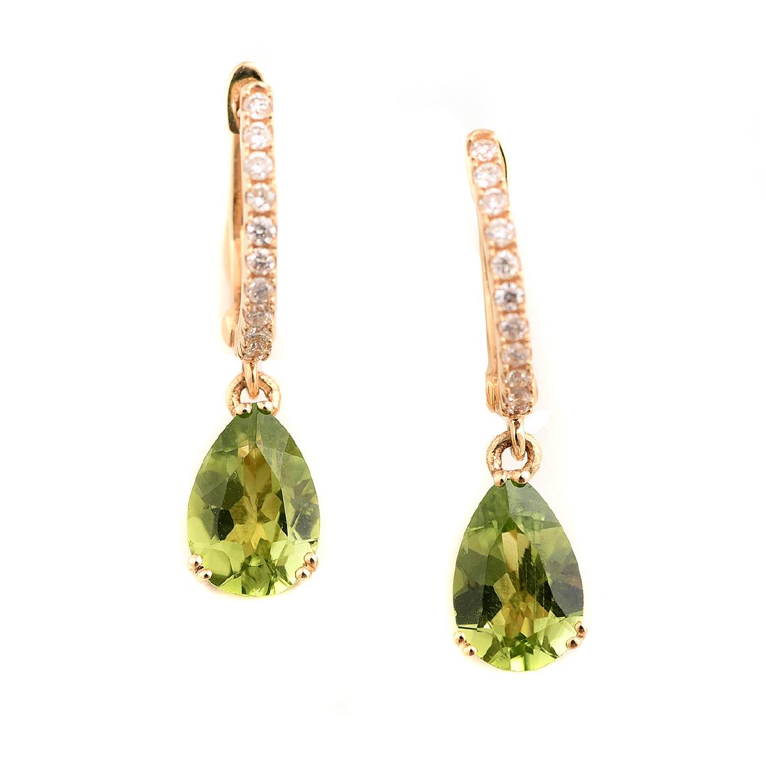 Pair of Peridot, Diamond, 14k Yellow Gold Earrings.: Pair of Peridot, Diamond, 14k Yellow Gold Earrings. Each featuring one pear-cut peridot weighing approximately 1.18 ct., accented by full-cut diamonds weighing a total of approximately 0.15 cttw., set