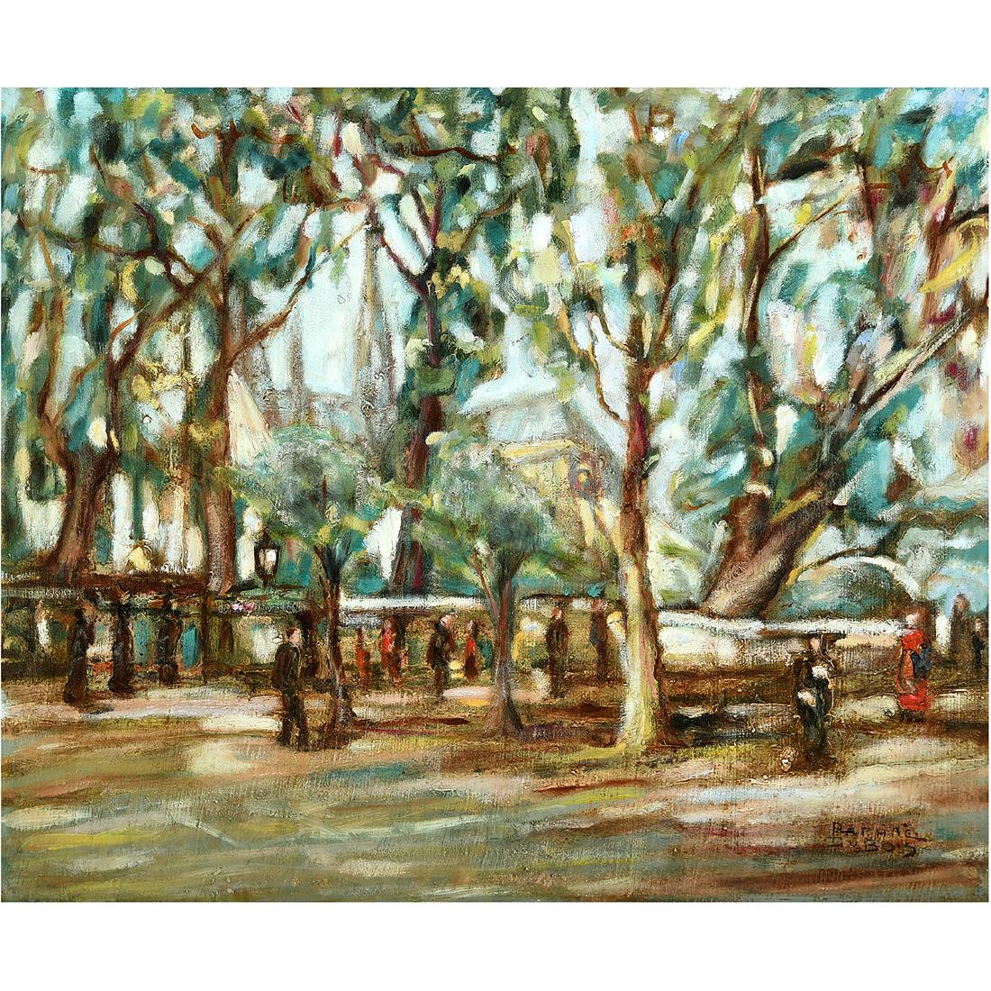 Raphael Dubois "Figures in the Park" oil on board: RAPHAEL DUBOIS (Belgian 1888-1960) "Figures in the Park" Oil on board. 18 x 21 5/8 inches; Frame: 25 1/8 x 28 5/8 inches. Signed lower right: Raphael Dubois; made in France stamped verso. (Please cont