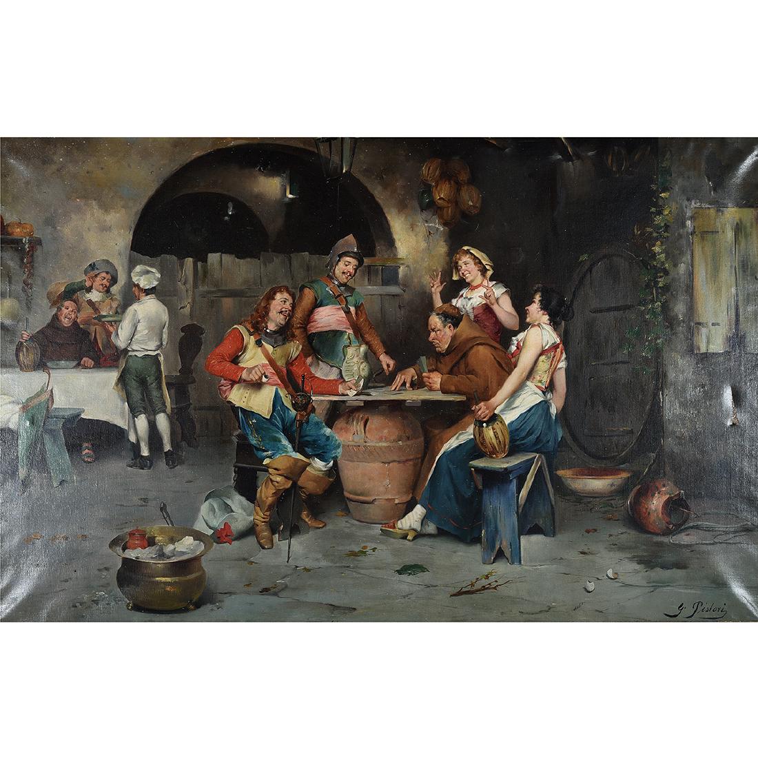 G. Pistori "A Game of Cards" oil on canvas (1 of 5)