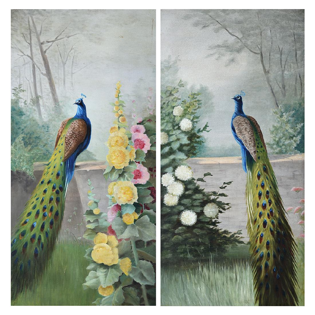 American School Pair of "Peacocks" oil on canvas (1 of 8)