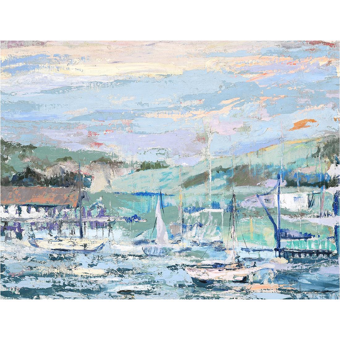 American School "Impressionist Harbor" oil on canvas (1 of 5)