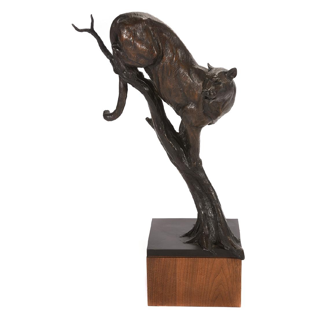 Dan Ostermiller "Cougar Descending a Branch" bronze on: DAN OSTERMILLER (American b. 1956) "Cougar Descending a Branch" Bronze on wood base. Including base: 26 1/2 x 15 x 6 1/2 inches. Signed, dated and numbered on the branch: Dan Ostermiller 89' 13/20. (P