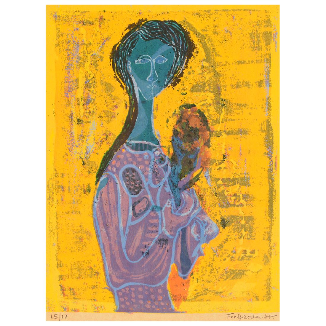 Felipe Orlando "Woman with Bird" silkscreen: FELIPE ORLANDO (Cuban 1911-2001) "Woman with Bird" Silkscreen. Including frame: 20 1/2 x 14 1/2 inches. Signed lower right: Felipe Orlando; numbered lower left: 15/17. (Please contact Fine Art Dept. f