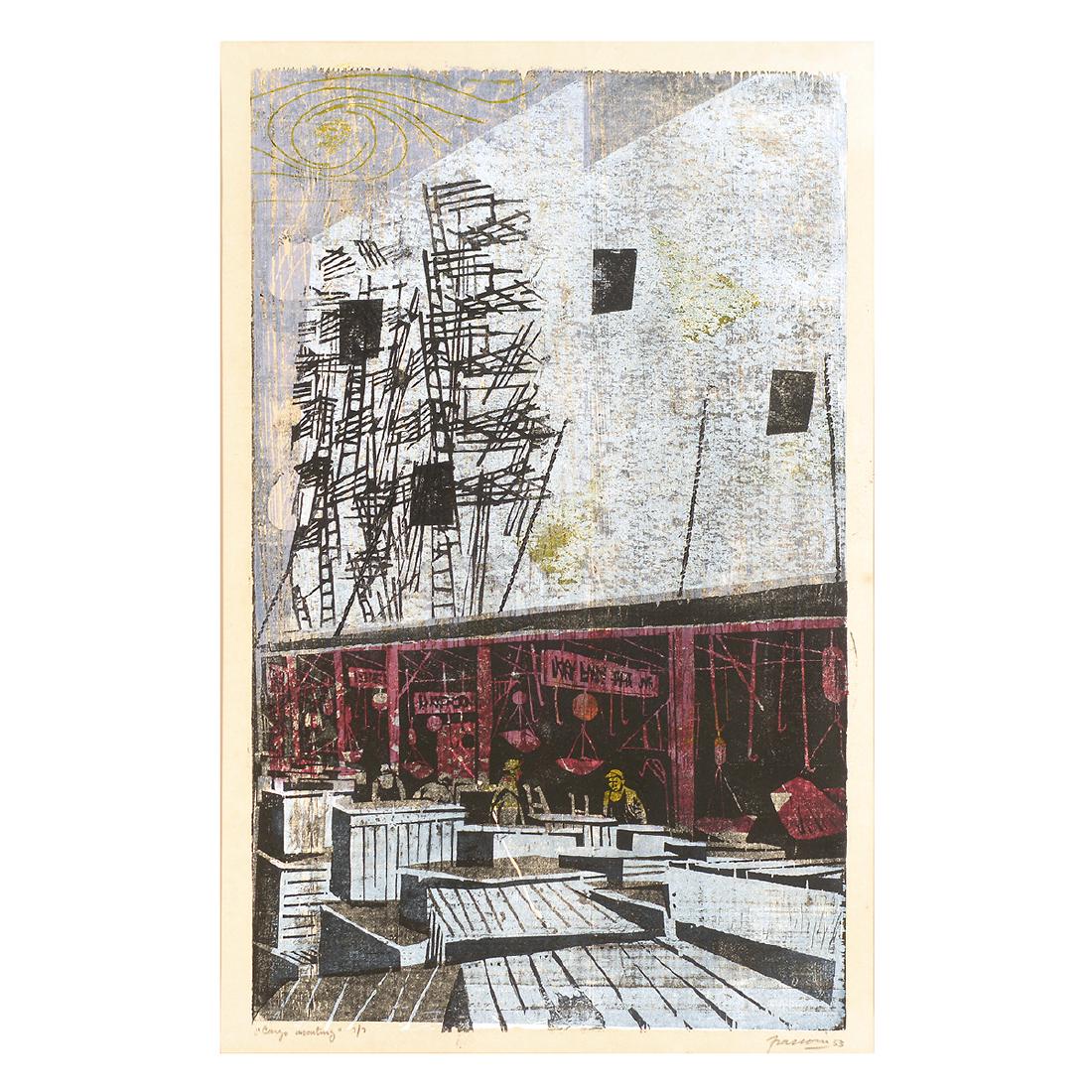 Antonio Frasconi "Cargo Waiting" colored woodblock (1 of 6)