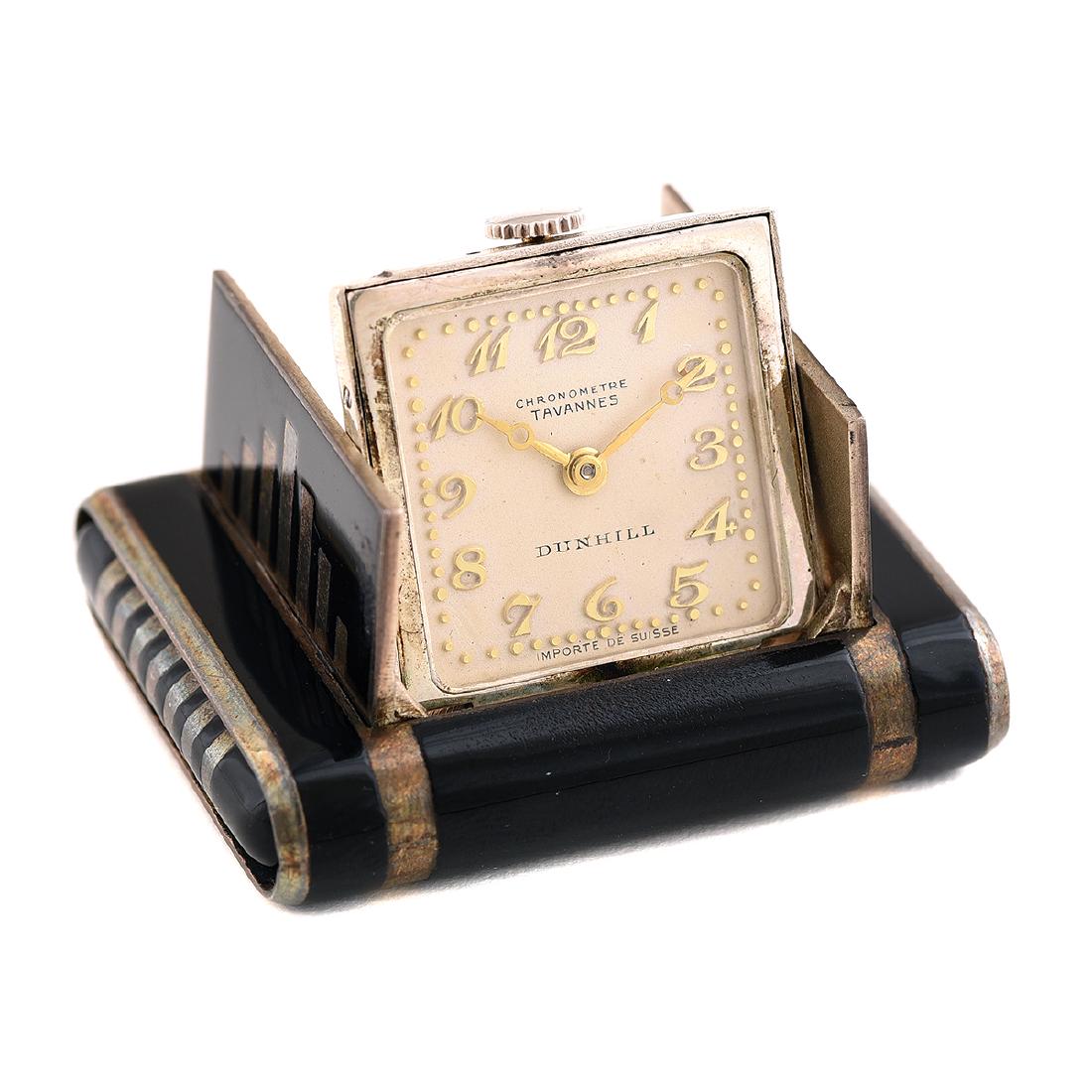 Art Deco Tavannes Enamel, Sterling Silver Travel Watch: Art Deco Tavannes Enamel, Sterling Silver Travel Watch - Retailed by Dunhill. DIAL: Square, cream, gold stylized Arabic hour markers, gold outer dot minutes track, gold brequet moon hands, Chronometre