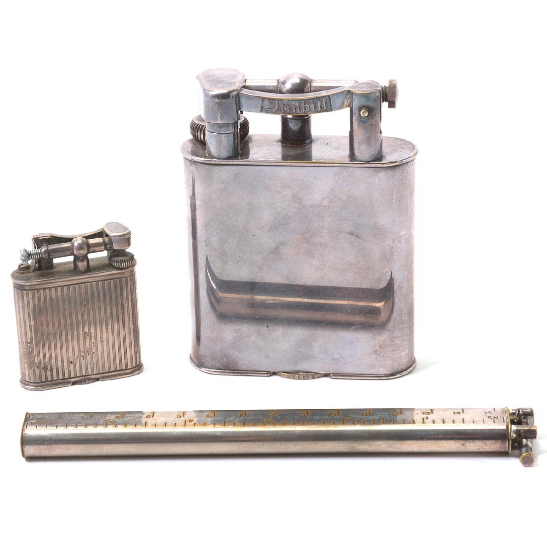 Three Vintage Dunhill Lighters, Including Ruler: Three Vintage Dunhill Lighters. Comprised of Sylph Ruler with B monogram, small sterling fluted lighter, and a large silver plated lighter. Ruler: Sylph, Dunhill. Sterling: Sterling, US patent 1022140