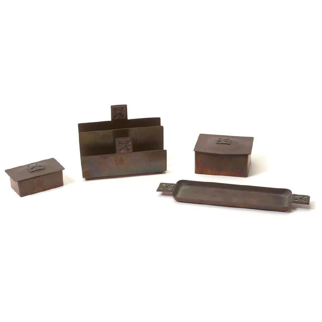 Dirk Van Erp Four Piece Copper Desk Set: Dirk Van Erp Four Piece Copper Desk Set. Comprised of tray, two boxes, and a card organizer. Dirk Van Erp windmill mark on all pieces. {Approximate dimensions: Widest 10 inches, tallest 4 3/4 inches.}