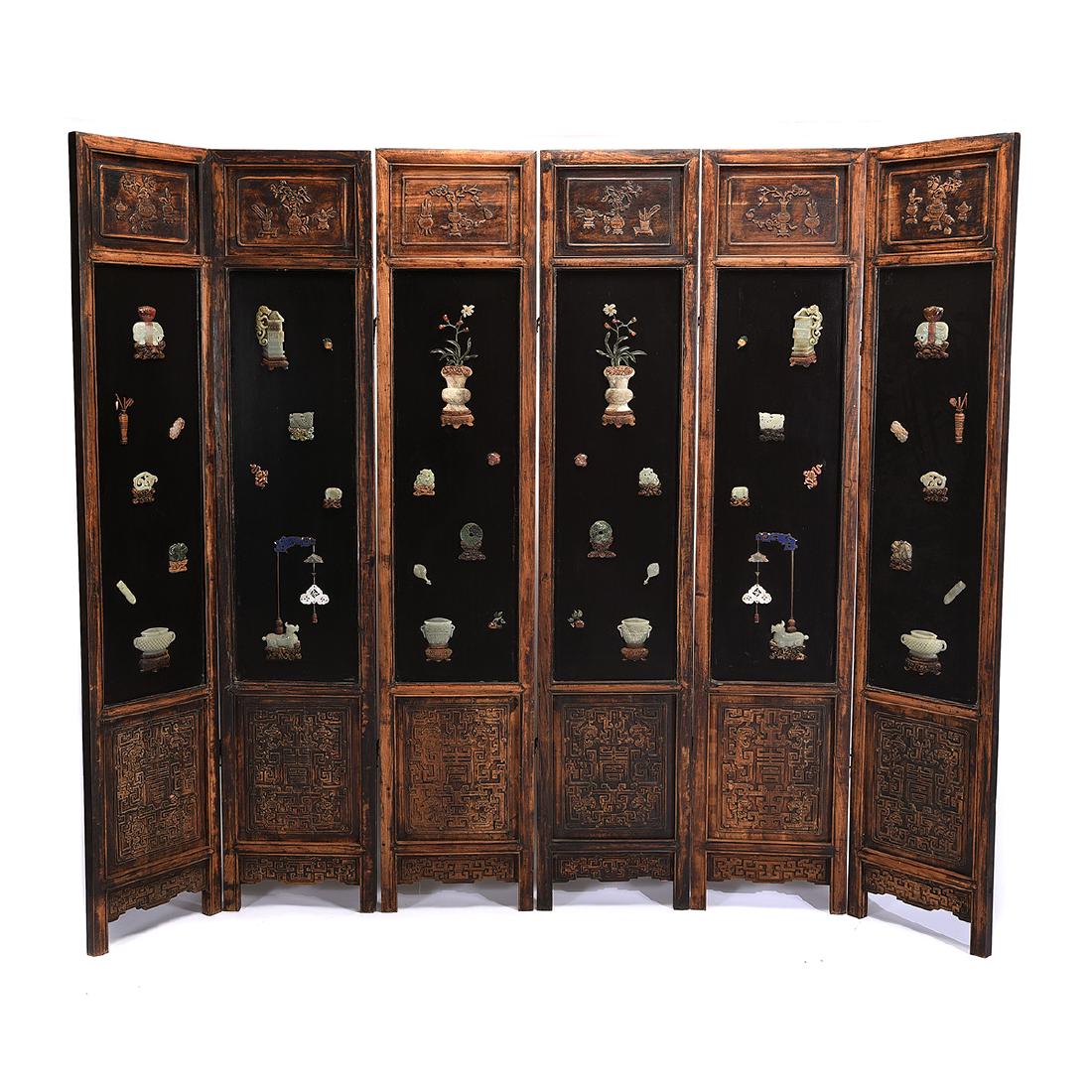 Six-Panel Folding Screen with Hardstone Embellishment: Six-Panel Folding Screen with Hardstone Embellishment. Carved with various types of hardstone overlay including jade, carnelian, agate, depicting various antiquities including vases, dragon, deer, myt
