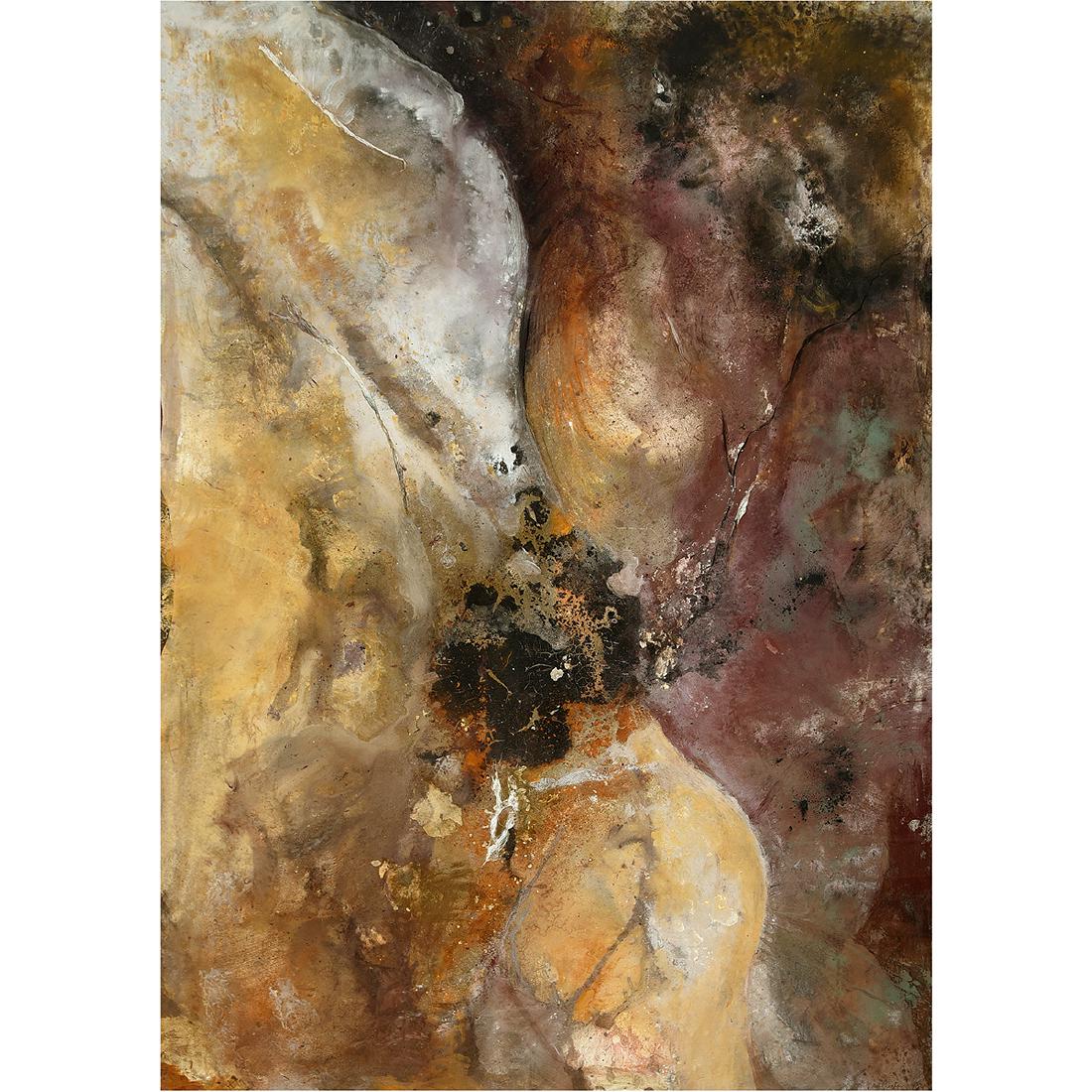 Mary Heebner "Pangea: Lichen- Crusted Bank" mixed media: MARY HEEBNER (American b. 1950) "Pangaea: Lichen-Crusted Bank" Mixed media. Including frame: 75 1/4 x 53 1/2 inches. Signed and dated lower right: Mary Heebner '96. K. Kimpton Contemporary Art, San Fr